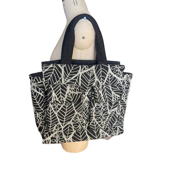 Antik Batik Black & White Wool Embroidered Leaves Large Tote Bag - Picture 1 of 7